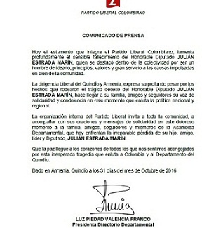 Comunicado de Prensa del Partido Liberal Colombiano por el fallecimiento del Diputado Julián Andrés Estrada Marín